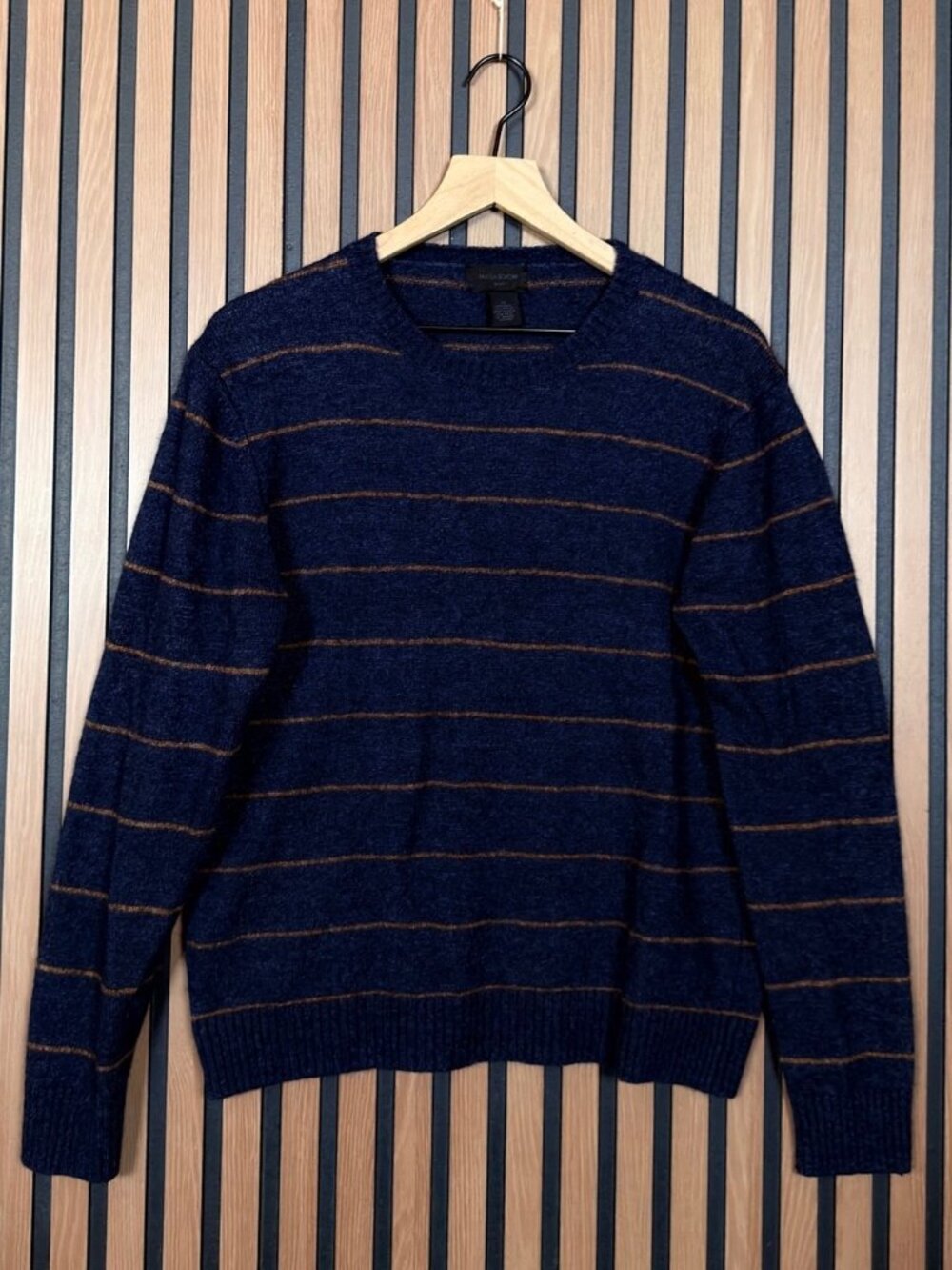 Magaschoni Sweater Medium Mens Blue Fleece Pullover Wool Blend Striped